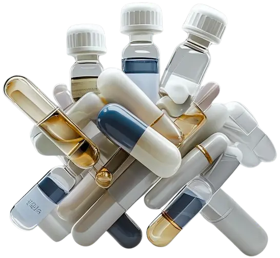 Hero image showing pills, vitamin bottles, and ampoules representing TRT, weight loss, and wellness treatments at Infinite You Wellness Clinic.