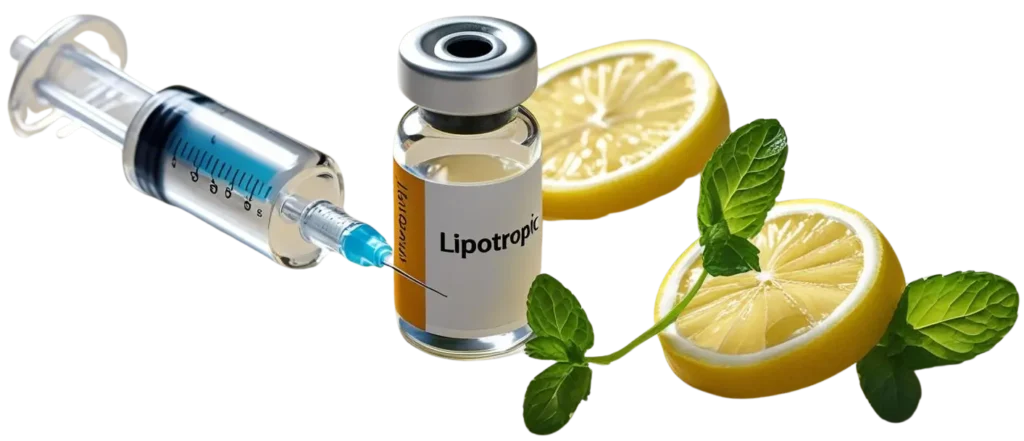 Lemon slices with mint leaves, a medical vial labeled lipotropic, and syringe for fat-burning injections for weight loss at Infinite You Wellness Clinic in White Plains, NY.