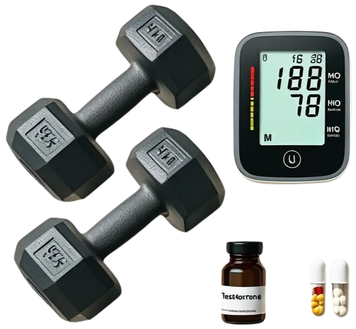 Two dumbbells, blood pressure monitor, testosterone vial, and small pill vials representing symptoms and treatment for low testosterone at Infinite You Wellness Clinic in Garden City, NY.