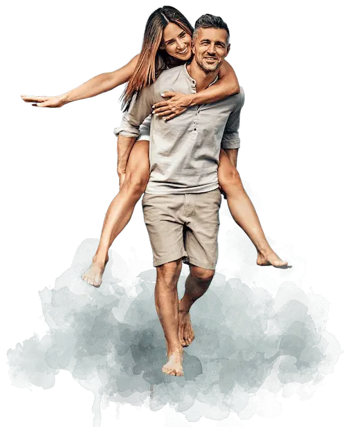 Happy couple enjoying summer, man giving woman a piggyback ride, symbolizing energy and real change with weight loss medications like Ozempic and Zepbound at Infinite You Wellness Clinic in White Plains, NY.