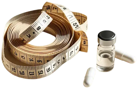 Image of a medical vial and measuring tape symbolizing GLP-1 weight loss injections like Ozempic and Zepbound at Infinite You Wellness Clinic in Garden City, NY.