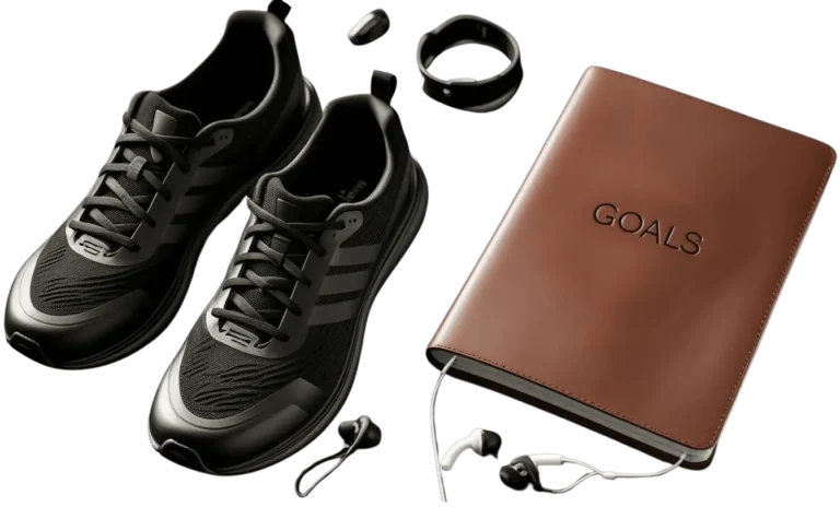 Flat lay of sneakers, leather journal, headphones, and smartwatch symbolizing energy, muscle strength, stamina, and lifestyle benefits of testosterone replacement therapy (TRT) at Infinite You Wellness Clinic in White Plains, NY.