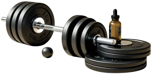 Illustration of a barbell with weights and a vial symbolizing testosterone replacement therapy (TRT) at Infinite You Wellness Clinic in White Plains, NY.