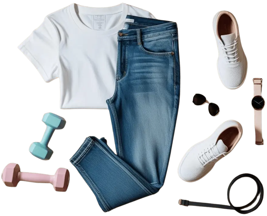 Flat lay of folded white shirt, blue jeans, sneakers, sunglasses, watch, computer cable, and dumbbells symbolizing lifestyle improvements with TRT, GLP-1 weight loss, and wellness treatments at Infinite You Wellness Clinic.