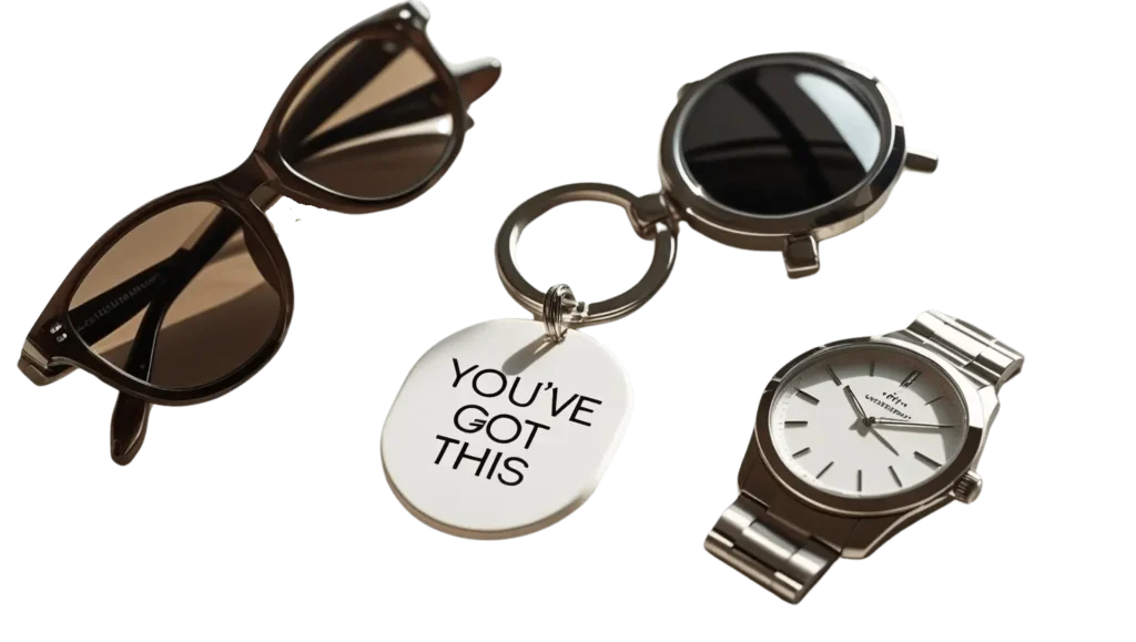 Flat lay of men’s accessories for testosterone therapy program at Infinite You Wellness Clinic: sunglasses, motivational keychain with 'You've Got This' plaque, and a stylish watch.