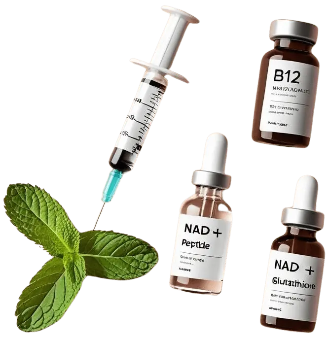 Syringe with vitamin vials of NAD+, peptides, B12, glutathione, and a mint leaf representing holistic wellness and IV treatments at Infinite You Wellness Clinic in White Plains, NY.