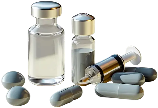 Image of capsules, medical vials, and a syringe representing wellness treatments such as vitamin IV drips, NAD+, peptides, and glutathione at Infinite You Wellness Clinic in Garden City, NY.