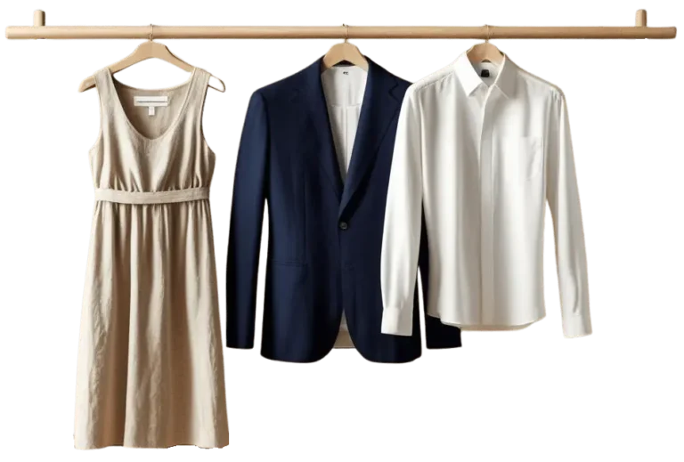 Clothing rack with a summer dress, blue men’s suit jacket, and white button-down shirt symbolizing weight loss at Infinite You Wellness Clinic in White Plains, NY.