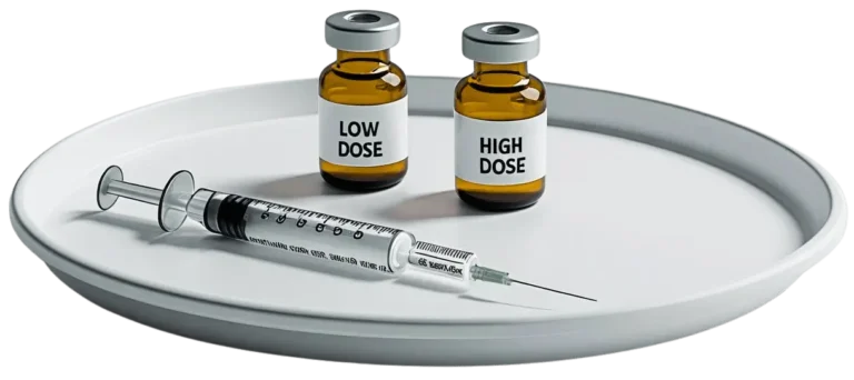 White tray with medical vials labeled low dose and high dose, and syringe for expert weight loss dose titration at Infinite You Wellness Clinic in White Plains, NY.