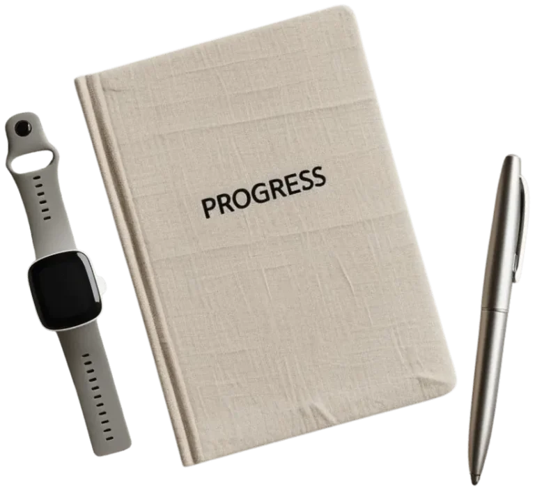 Pen, smartwatch, and journal labeled progress representing a personalized, science-backed weight loss plan at Infinite You Wellness Clinic in White Plains, NY.